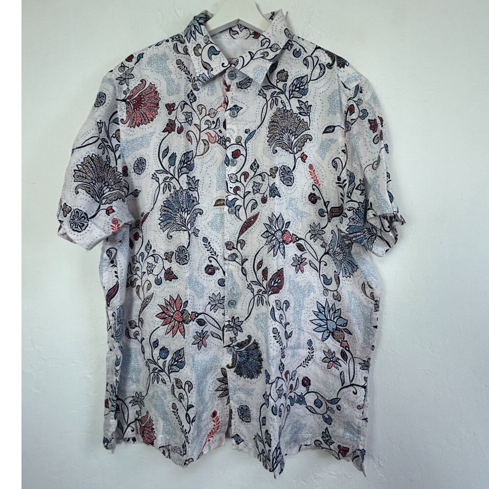 Tasso Elba Mens Floral Linen Short-Sleeve Button Up Shirt XL White/Multicolor